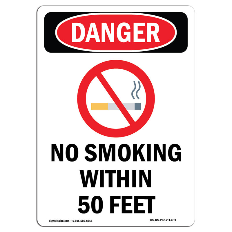 Ne pas fumer à moins de 50 pieds, H 18 po x l 12 po x P 0,1 po