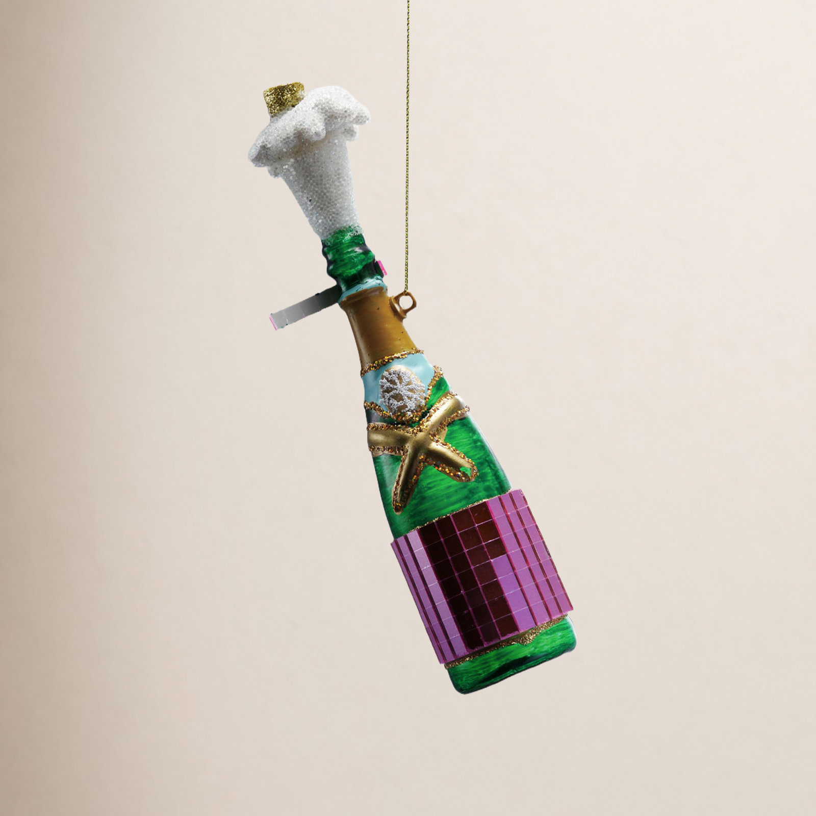 Glass Champagne Bottle Ornament With Glitter