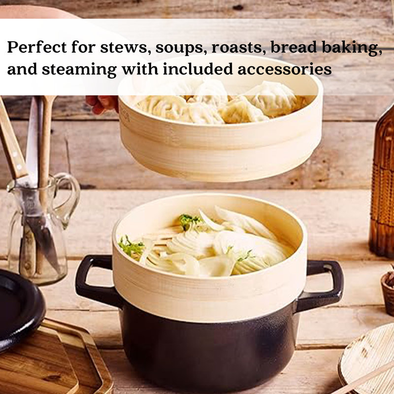 Alva 2 Qt Black Enameled Cast Iron Dutch Oven with Bamboo Inserts
