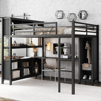 Metal Loft Bed with Wardrobe And L-shaped Desk, Loft Bed with Storage Cubes and Shelves, Heavy Duty Loft Bed for Kids Teens Adults