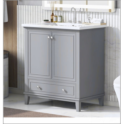 30" Bathroom Vanity with Sink Combo, Multi-functional Bathroom Cabinet with Doors and Drawer, Solid Frame and MDF Board, Grey (Old Sku:SY999606AAE)
