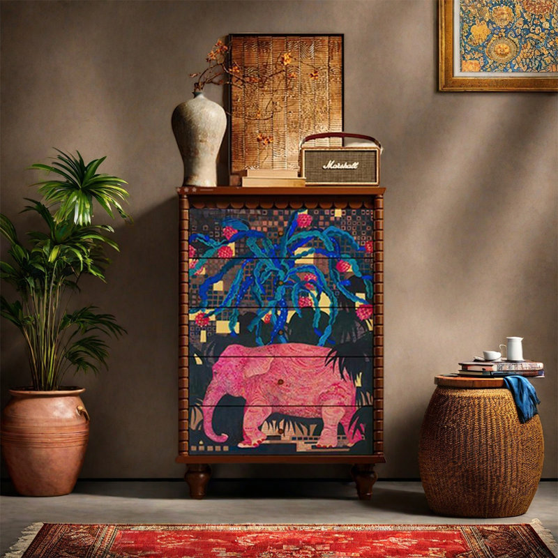 Pine Frame Five Drawer Storage Cabinet, Walnut