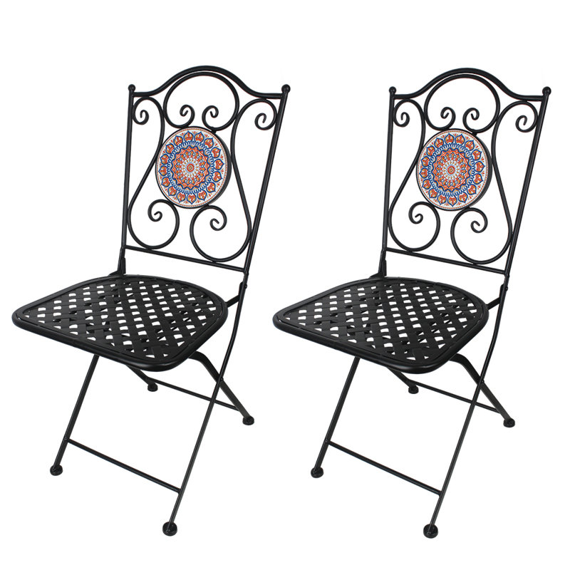 Lot de 2 chaises de bistro pliantes en métal noir avec dossier décoratif en mosaïque, chaises pliantes d'extérieur pour patio
