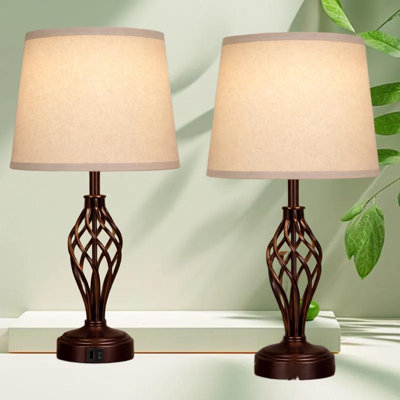 Paquet de 2 lampes de table à cage torsadée brunes, lampes de table de chevet à intensité variable à 3 voies avec ports de charge USB-A et Type-C, ampoules à DEL blanc chaud de 9 W incluses, lampes de base de style maison de campagne moderne E26 pour le bureau de la chambre à coucher
