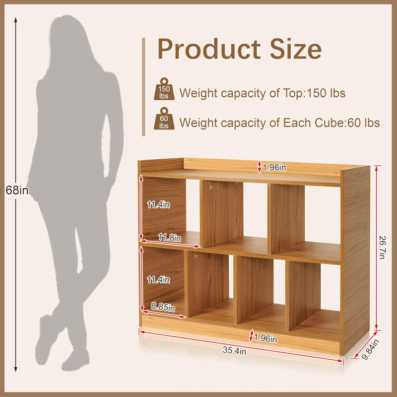 Dousy- 35.43” Wodden Cube Shelf, 2 Tier Open Shelf Bookcases 7 Cube Bookshelf With Base, Freestanding Cube Storage Organizer Bookshelves Display Shelf For Bedroom, Living Room, Home Office