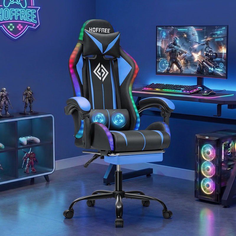 Hoffree Reclining Ergonomic PC & Racing Game Chair with LED Lights & Massage Lumbar Pillow, Blue/Black