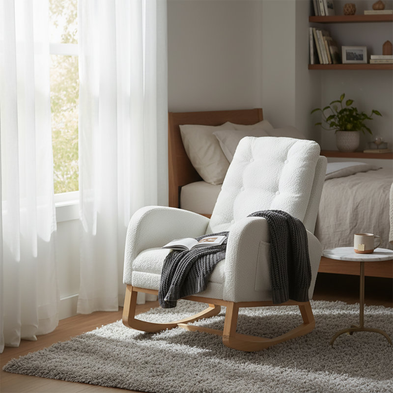 Chaise berçante classique rembourrée avec repose-pieds réglables, Blanc