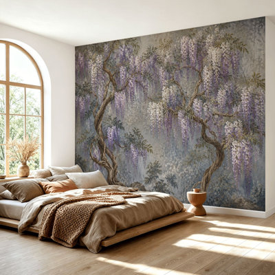 Wall Mural Peel and Stick Wallpaper Vintage Wisteria Tree Lavender White Blossoms Self-Adhesive Removable Contact Paper Wall Decor for Living Room Bedroom 69"H x 96"W