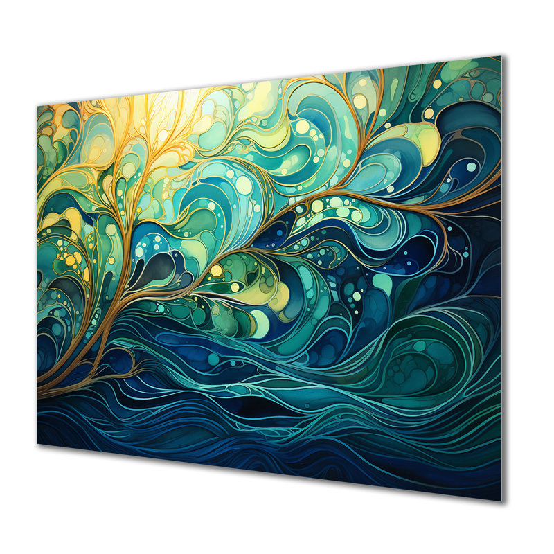 Encre brillante verte et jaune II - Collages abstraits, art mural en métal MT131613, H 30 po x l 40 po x P 1,5 po