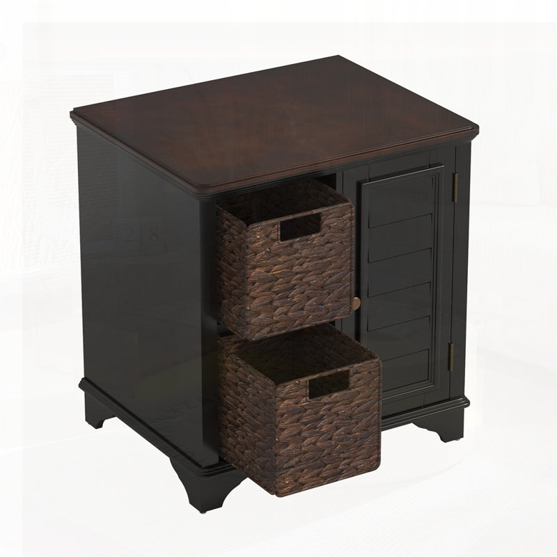 Table de bout de table d'appoint au design à volets avec deux paniers en gazon tressé, Noir