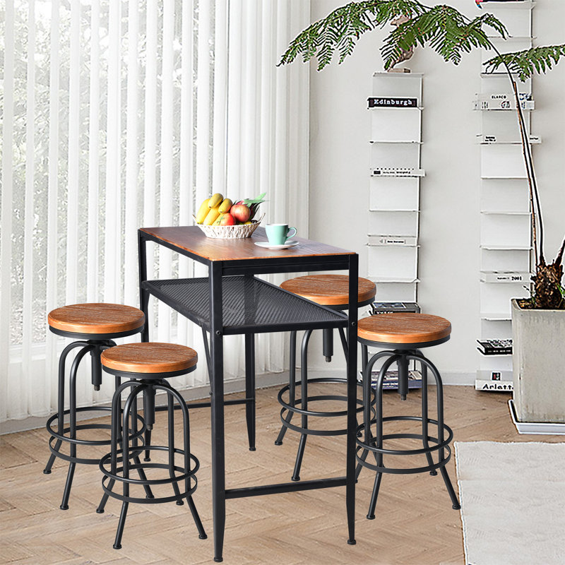 Ensembles de table et de chaises, plateau en bois robuste avec pieds en métal soudés, table de salle à manger rectangulaire avec tablette H 41,34 po H, tabourets de bar réglables H 26-32,3 po