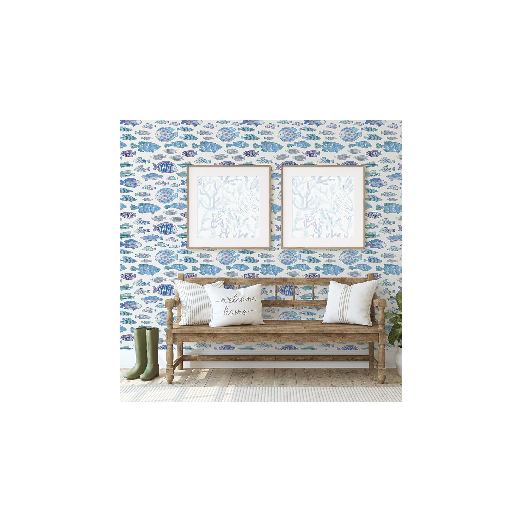 Marine Fish Peel And Stick Wallpaper, Aqua and White