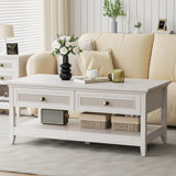 Coffee Table with Natural Rattan Decoration, Grayish White