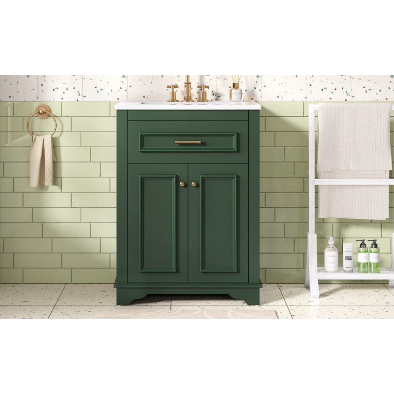 Meuble-lavabo 24 po avec lavabo en céramique intégré, armoire de salle de bain avec 2 portes, 1 tiroir basculant, meuble-lavabo simple pour salle de bain petite et moyenne, vert
