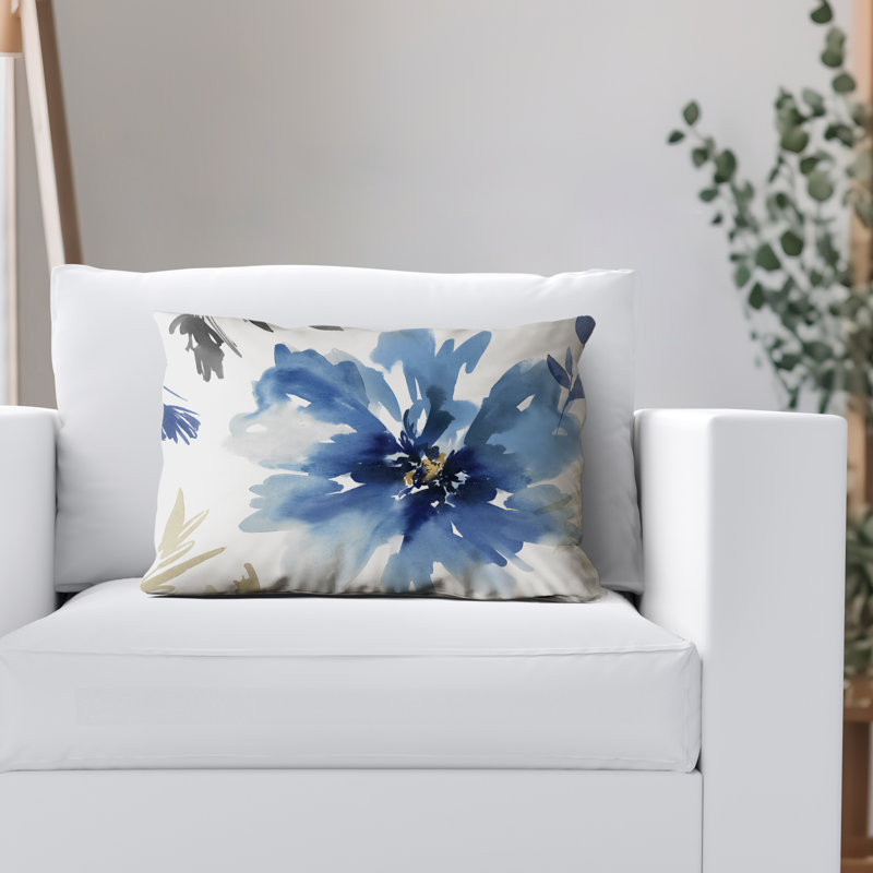 Floral Throw Pillow with Premium Polyester, White/Indigo, Rectangle 20"H x 14"W