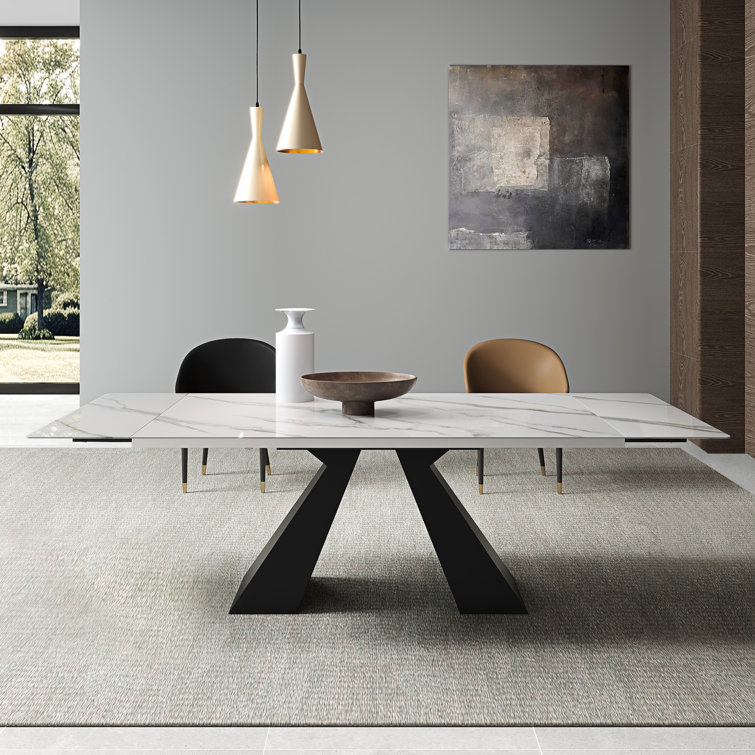 63'' to 94.5” Extendable Dining Table For 8-10 with Sintered Stone Tabletop and Metal Base