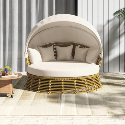 Outdoor Patio Rattan Round Daybed With Adjustable & Retractable Canopy ｜Wicker Furniture Round Poolside Sofa Sunbed With Removable Cushions In Beige｜ Backyard, Porch