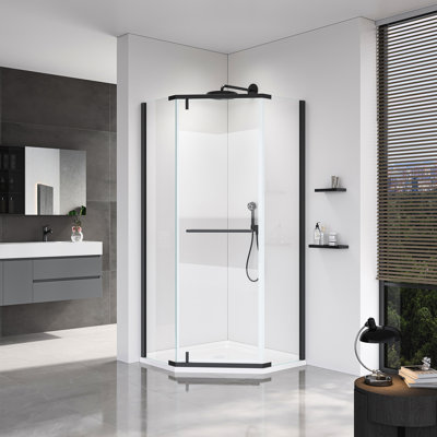 Porte de douche pivotante pour salle de bain avec verre trempé de 1/4 po de 6 mm, 36 x 36 x 72 po, esthétique noir mat, prévient les fuites d'eau sur le sol, installation sans effort