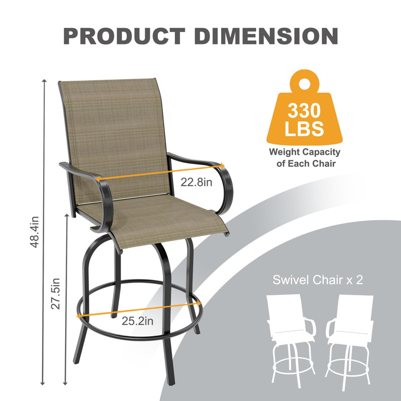 Tabourets de bar pivotants toutes saisons à 360 °, dossier haut et accoudoirs, chaises d'extérieur à hauteur de bar, Gray