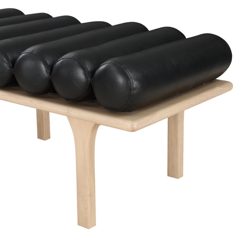 Banc rembourré en similicuir Landon Boutis, Cuir végétalien noir, Chêne naturel