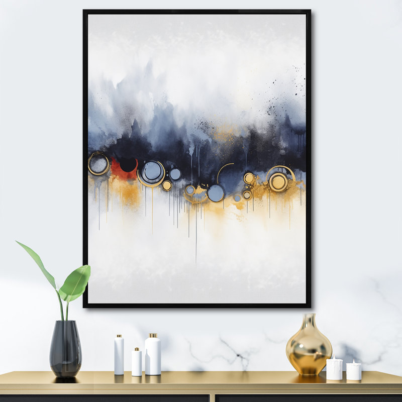 «Blue and Yellow Fluid Harmony», peinture V - art mural abstrait, Cadre flottant noir, H 44 po x l 34 po