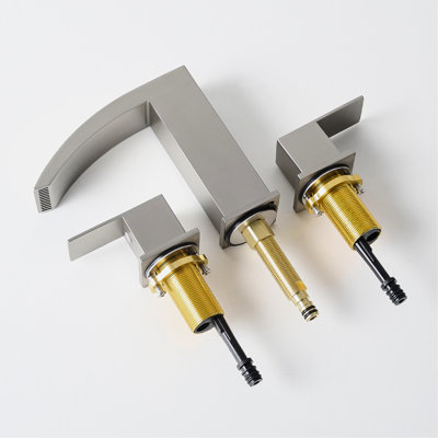 3 Hole 8 Inch Widespread Stainless Steel Bathroom Vanity Faucet With Handles, Nickel Finish Sink In Steel, Side , Cartridge Valve