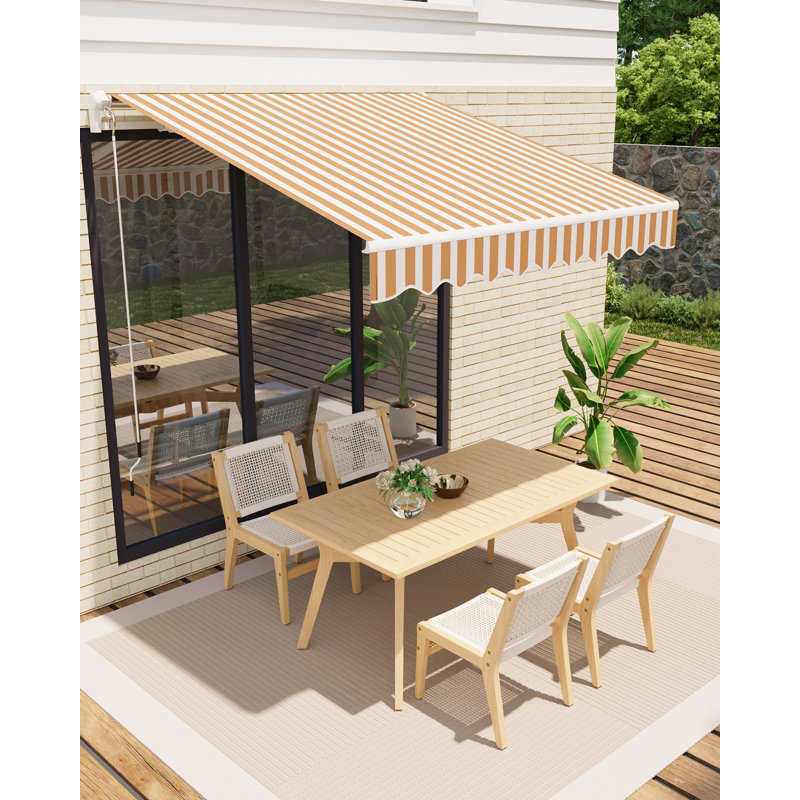 10x8FT Retractable Waterproof Patio Dining Set Awning - Manual Crank, Durable Aluminum Frame, 280g/㎡ Polyester, Sun Shade for Deck, Porch, Balcony - Yellow and White Stripes