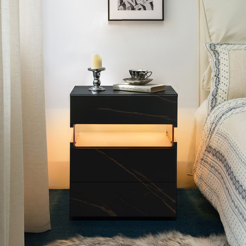 Commode 3 tiroirs à DEL pour tables de bout avec tables en acrylique et tables de chevet à DEL, Noir; or