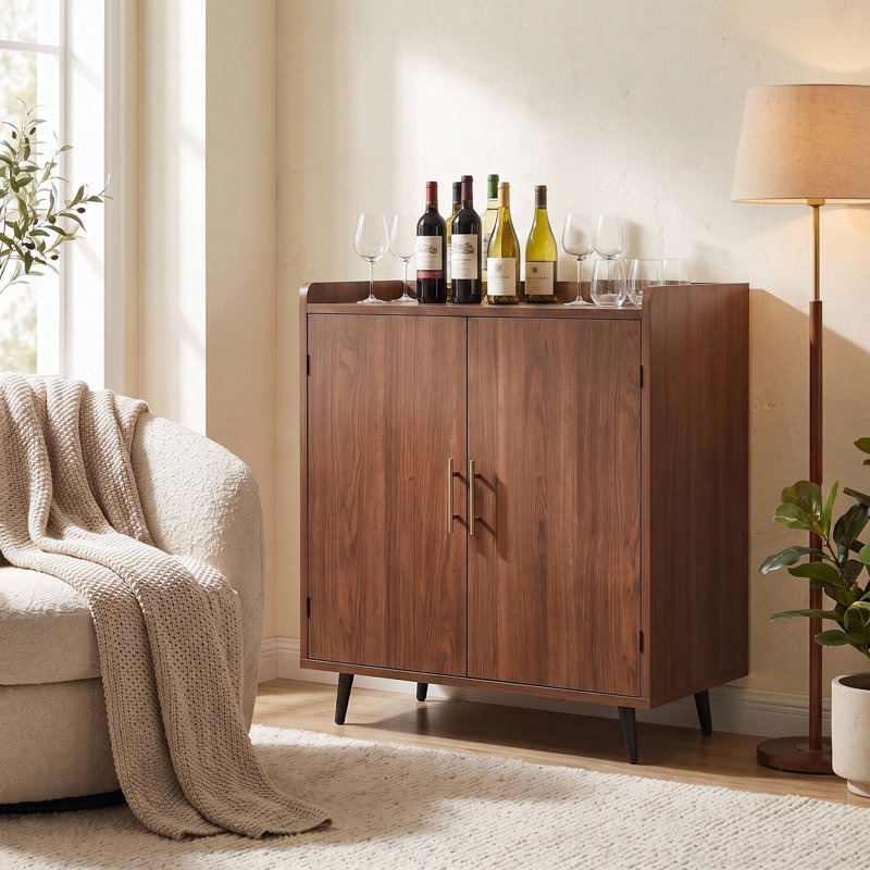 31.5" W Mid-Century Modern Home Bar Cabinet with Wine Rack, Brown