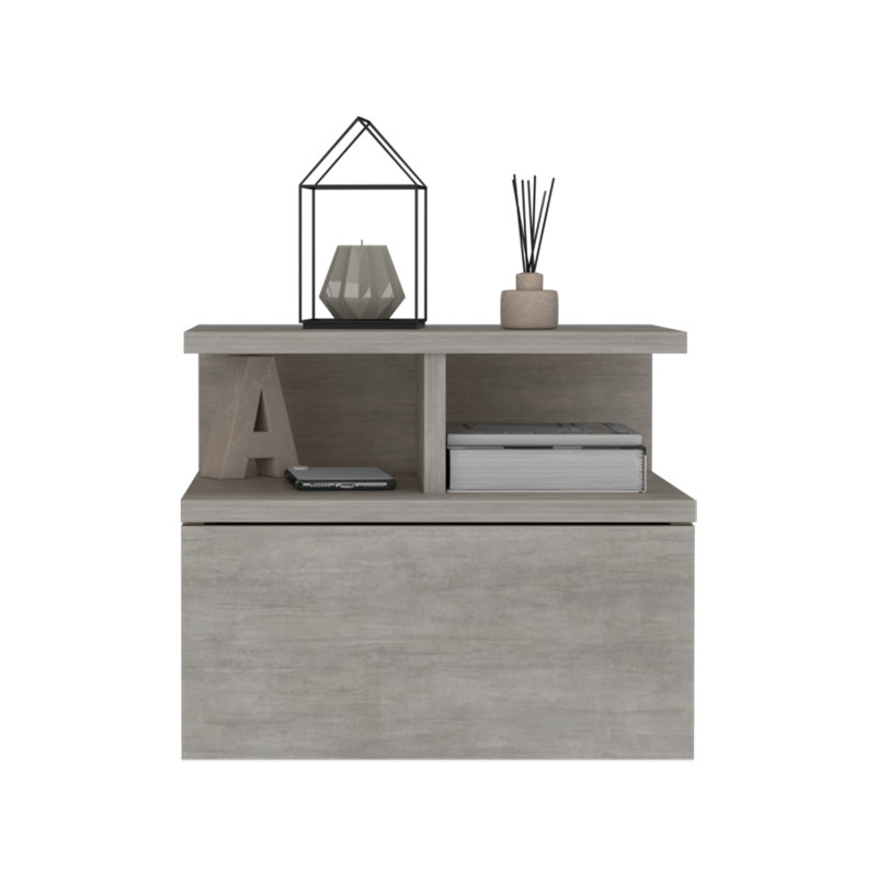 14" Wood One Drawer Floating Nightstand, Concrete Gray