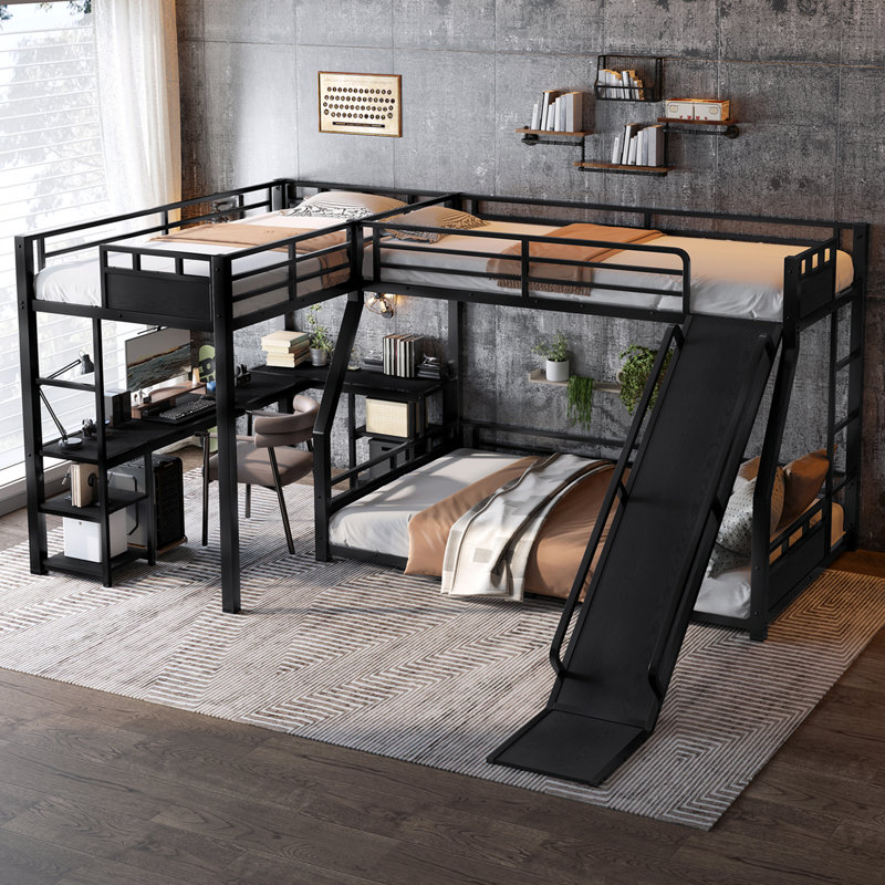 L-Shaped Metal Bunk Bed (Top bed: twin, bottom bed: full ) with Twin Loft Bed, Black, Twin Over Full
