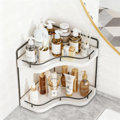 2-Tier Corner Bathroom Counter Organizer With Embedded Screw Holes, Secure & Stable Wood Vanity Shelf For Makeup And Skincare Essentials, Space Saving Bathroom Countertop Storage