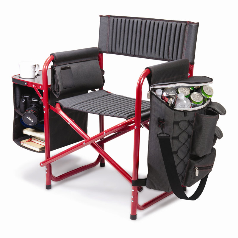 Chaise de camping d'extérieur Fusion avec table d'appoint et glacière douce, Gris foncé avec rouge