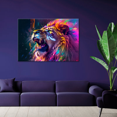 Lion Roaring Neon - No Frame Print on Canvas