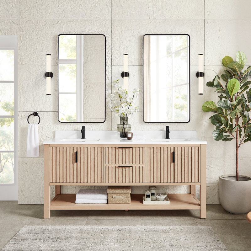 Meuble-lavabo double 72 po avec plateau en pierre composite Chace, Chêne naturel vieilli / noir mat