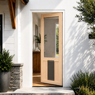 Wood Screen Door with Pet Door Pine Exterior Screen Door with Nylon Mesh Unfinished Entry Door Slab for Porch Patio