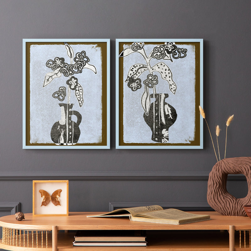 Fleurs graphiques dans un vase I - reproduction encadrée de qualité supérieure - prête à être accrochée - aucun clou requis - aucun clou requis
