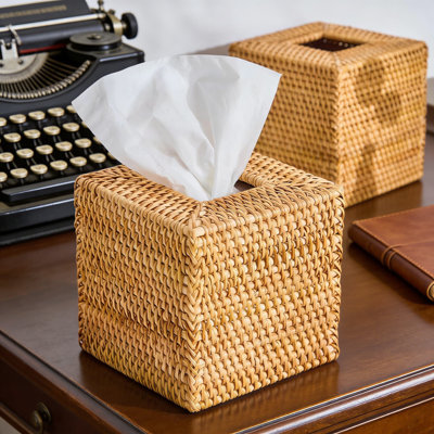 Hand-Woven Rattan Tissue Box Cover, Natural Square Wicker Holder For Facial Tissues, Decorative Open-Bottom Design For Easy Refill, Rustic Home And Office Decor