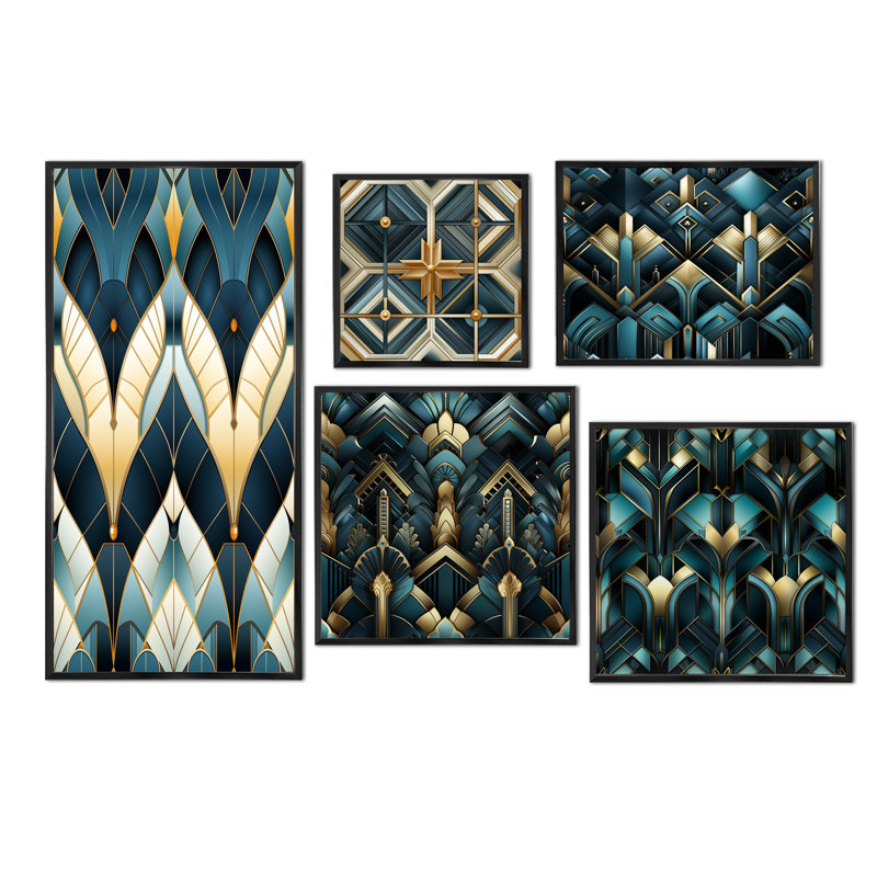«Watchet - Damask», ensemble de 5 reproductions d'art sur toile, Cadre flottant noir