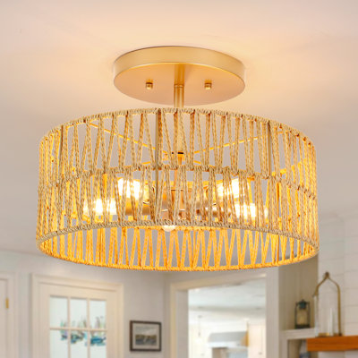 Plafonnier encastré en rotin 5 lumières, luminaire bohème tissé en osier 15,9 po