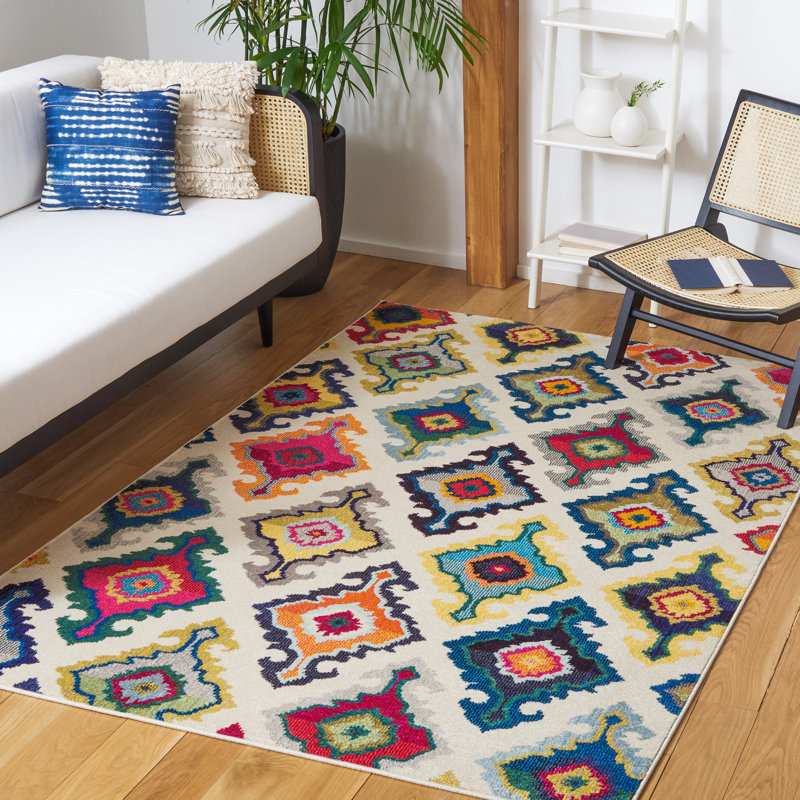 Tapis géométrique beige / bleu / jaune Hertzler, Rectangle 8 pi x 11 pi