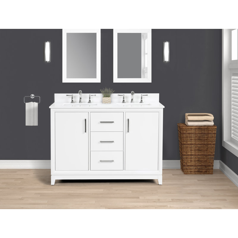 Meuble-lavabo simple 48 po Luton avec comptoir en quartz blanc cristal, lavabo et dosseret, bois massif pré-assemblé