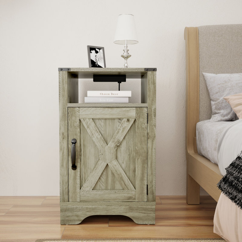 Table d'appoint en bois rustique avec station de charge et rangement, Gris clair