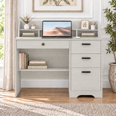 Bureau d'ordinateur de 42 po avec tablette supérieure, 4 tiroirs, rangement pour dossiers et étagères ouvertes