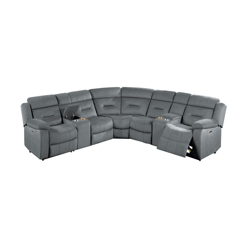 Canapé modulaire contemporain inclinable électrique gris foncé avec deux consoles et porte-gobelets