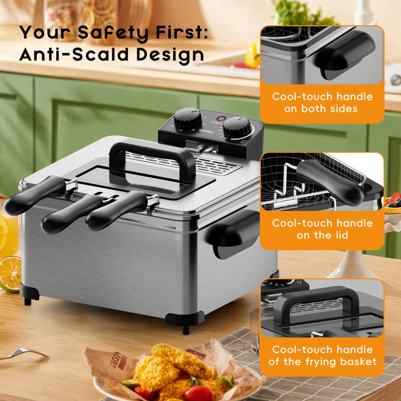 WHALL 5 L Deep Fryer with 3 Baskets,21 Cups Oil Capacity, 14.5" H x 12" W x 6" D