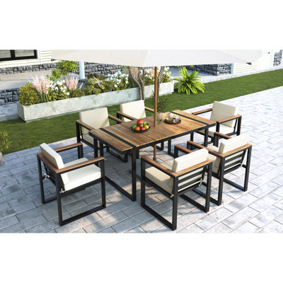 Ensemble de salle à manger d'extérieur 7 pièces avec ensemble de chaises et coussins amovibles pour patio, jardin, beige