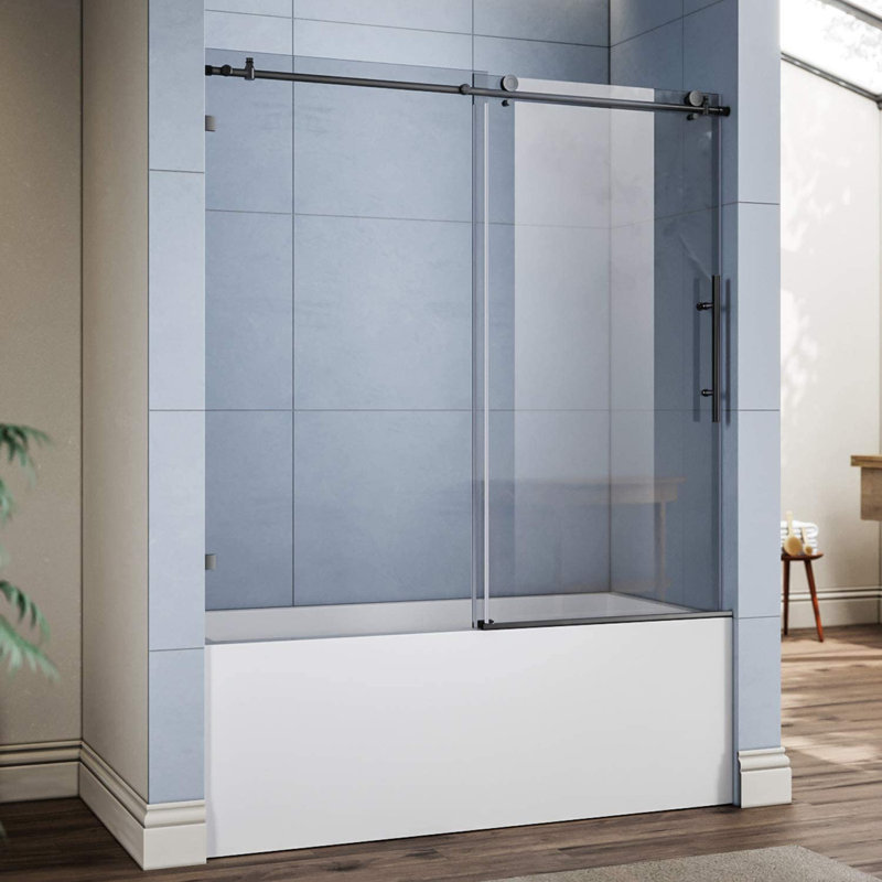56"-60" W x 62" H Single Sliding Frameless Tub Door with 3/8" Clear Tempered Glass, Black