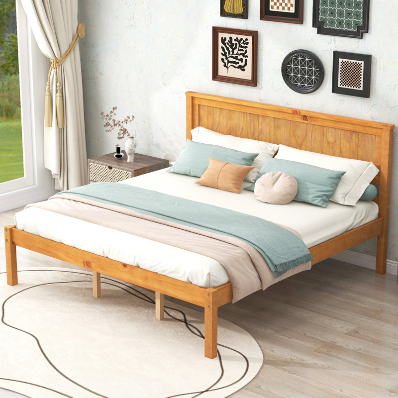 Base de lit plateforme avec tête de lit, support à lattes de bois, aucun sommier requis, Grand lit, Chêne