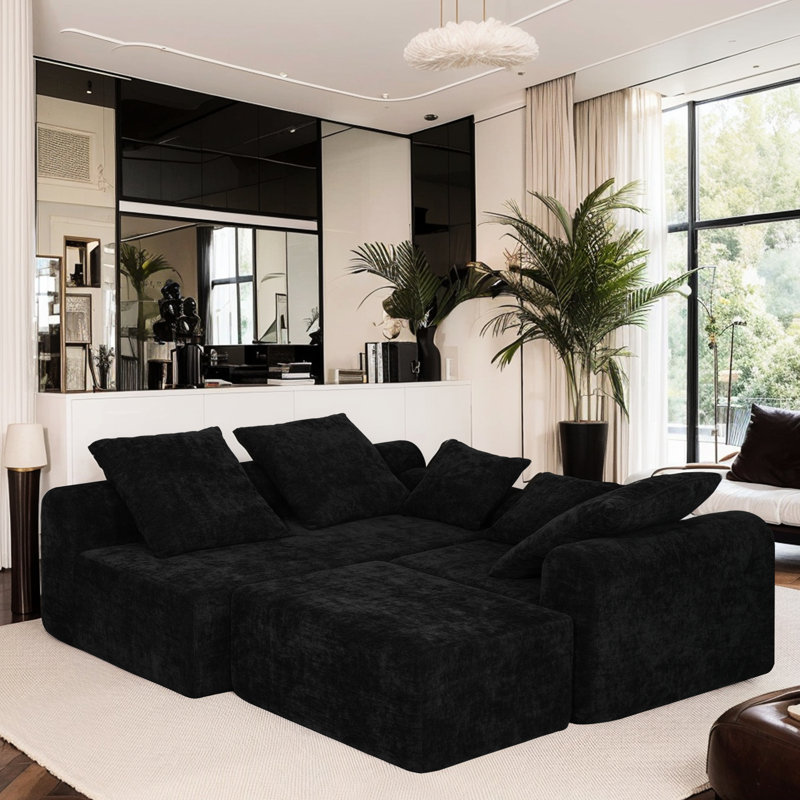 111,5 po de style américain en forme de L, tissu chenille noir, 4 sièges, reconfiguration facile et sièges confortables modernes, avec fonctionnalité antidérapante, conception épurée, rembourrage